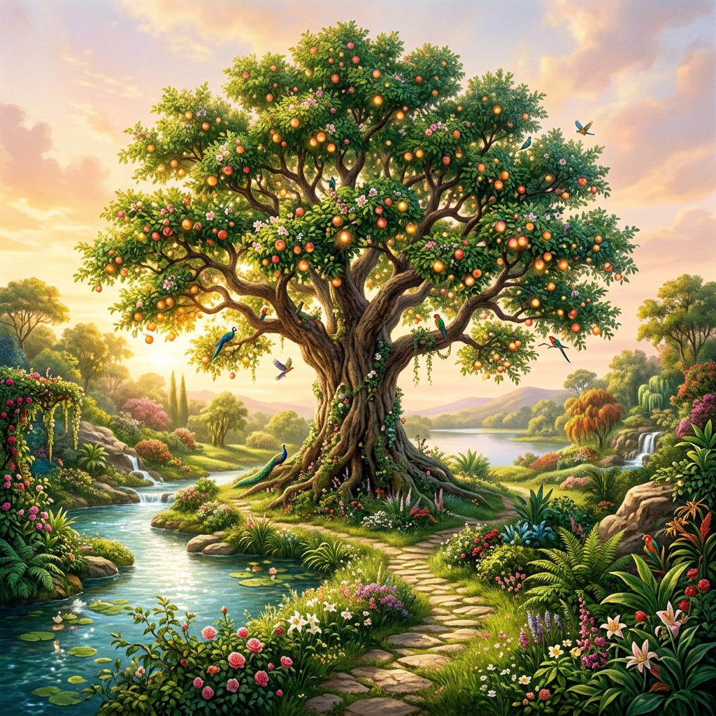 Large vibrant tree with glowing fruit by river, surrounded by flowers and colorful birds