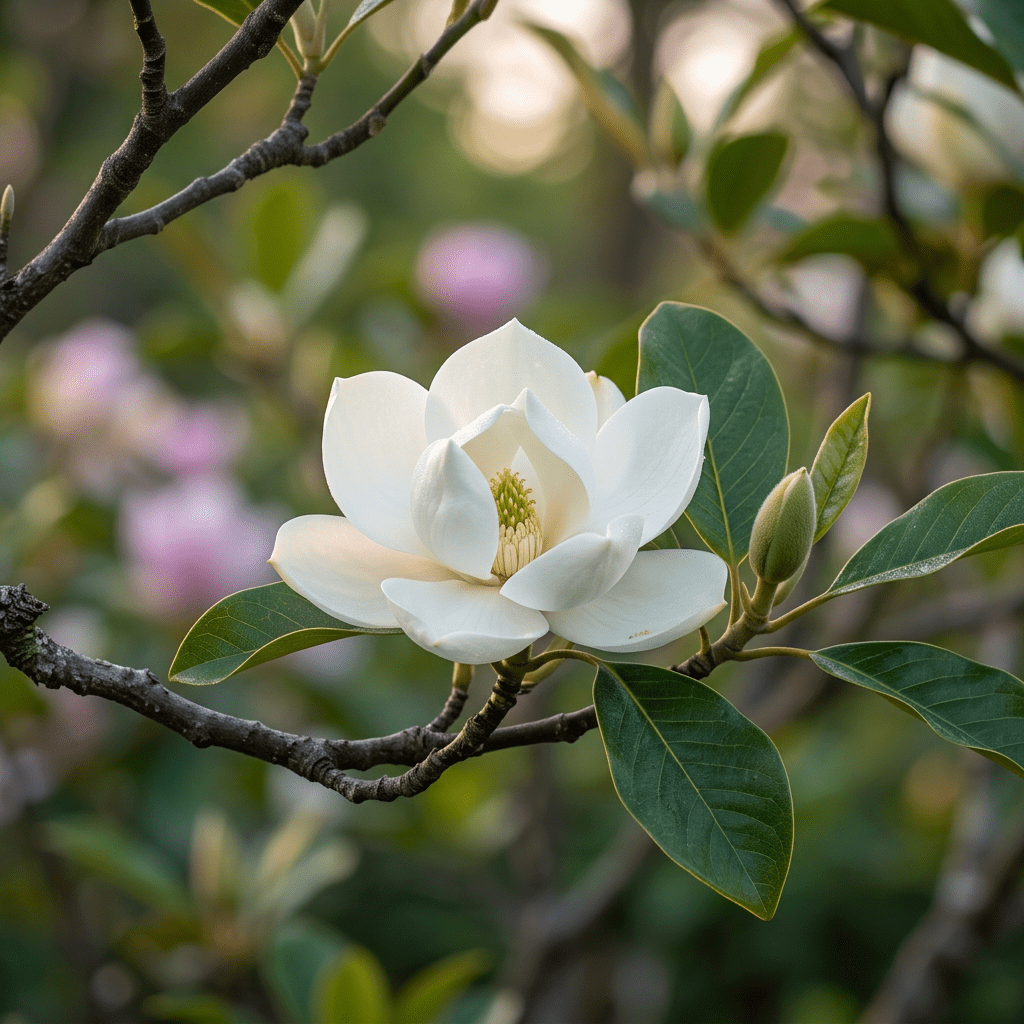 White magnolia flower with green leaves on tree branch